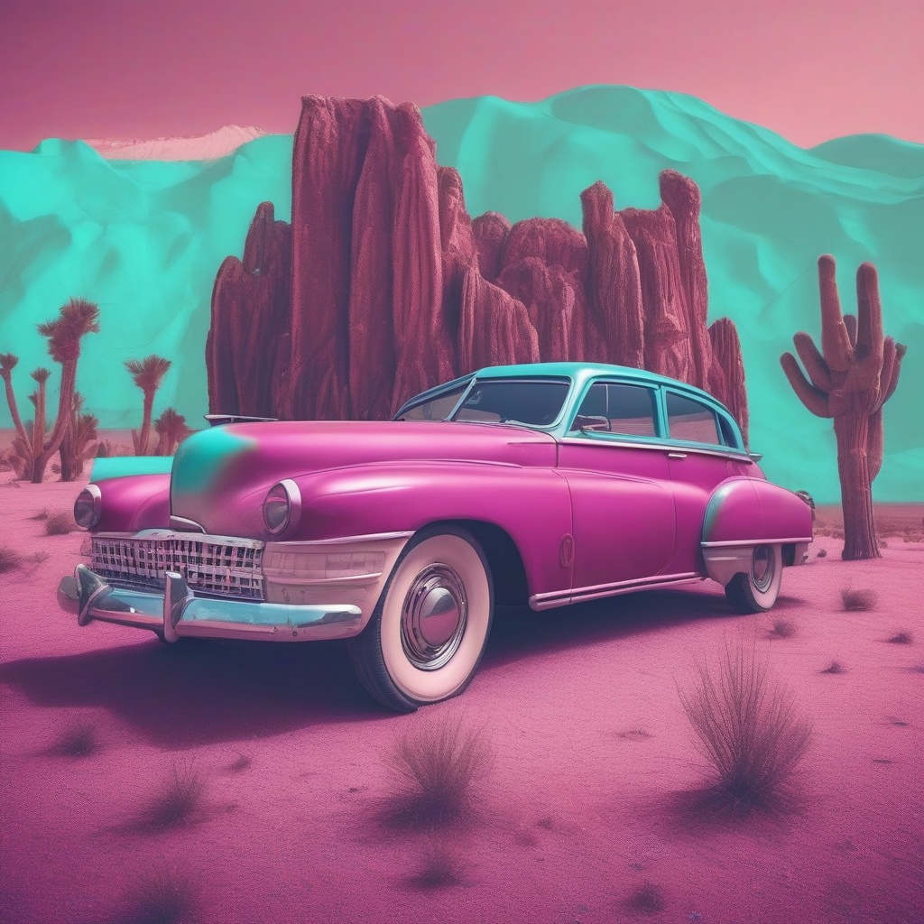 paisaje desértico con coche antiguo